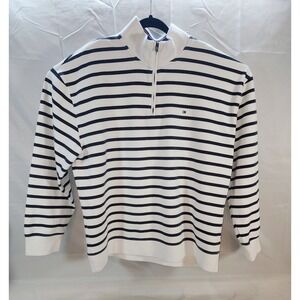 Tommy Hilfiger 1/4 Zip Sweater XXL Mens White Breton Stripe Pullover LS Fleece